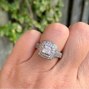 White CZ Emerald Cut Halo Silver Plated Ring Large Faux Diamond Tiered Size 6